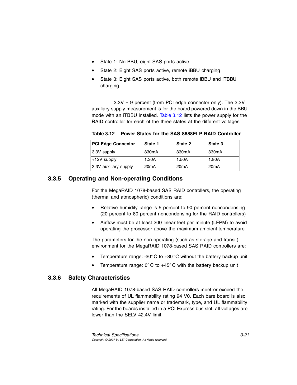 5 operating and non-operating conditions, 6 safety characteristics, Operating and non-operating conditions | Safety characteristics, Power states for the sas 8888elp raid controller | Avago Technologies MegaRAID SAS 8204ELP User Manual | Page 65 / 72