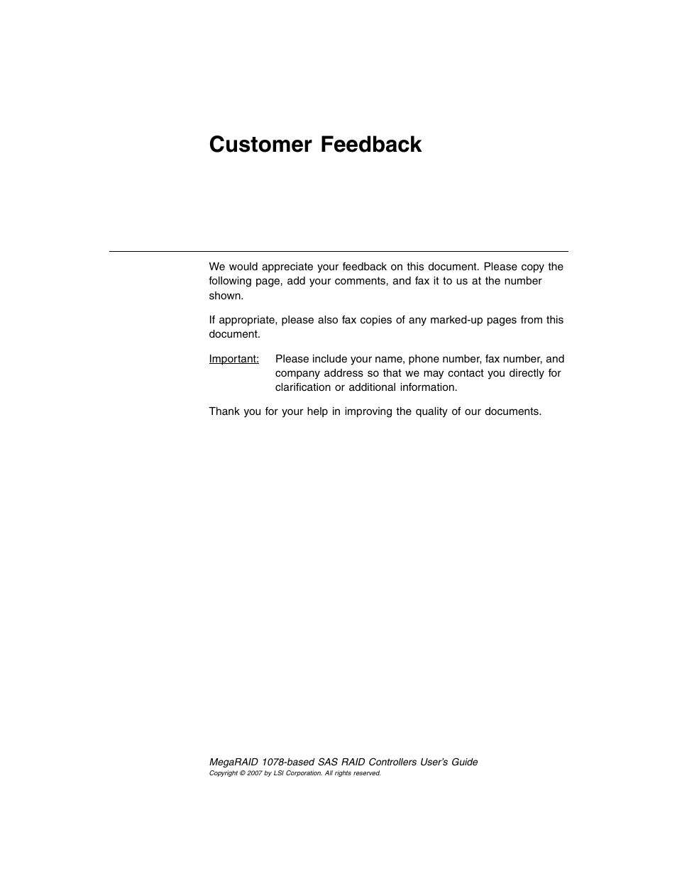 Customer feedback | Avago Technologies MegaRAID SAS 8204ELP User Manual | Page 71 / 72