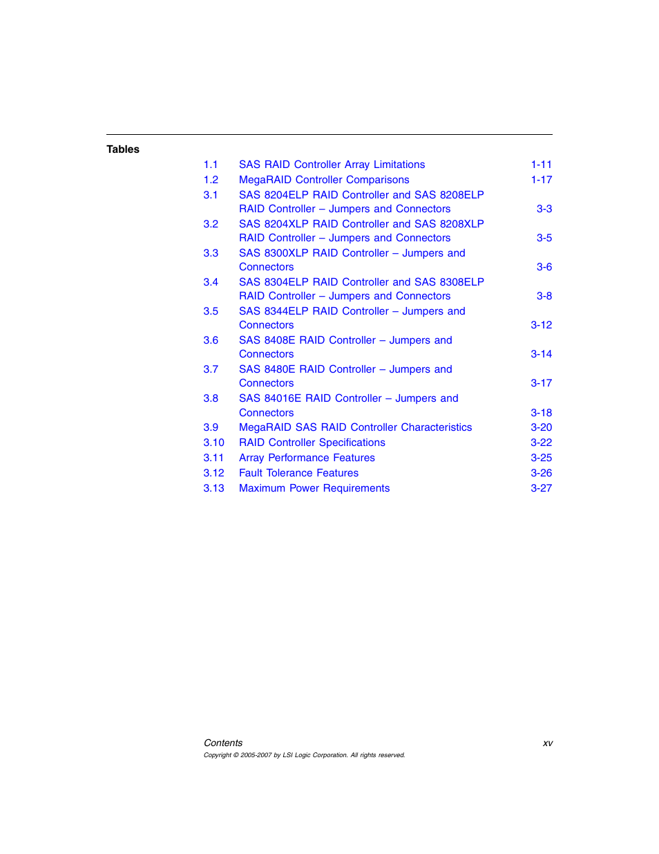 Tables | Avago Technologies MegaRAID SAS 8204ELP User Manual | Page 15 / 84