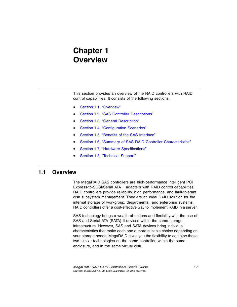 Chapter 1 overview, 1 overview, Chapter 1, overview | Overview | Avago Technologies MegaRAID SAS 8204ELP User Manual | Page 17 / 84