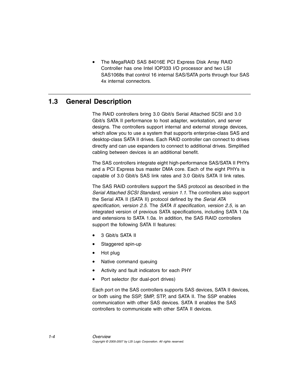 3 general description, General description, Section 1.3, “general description | Avago Technologies MegaRAID SAS 8204ELP User Manual | Page 20 / 84