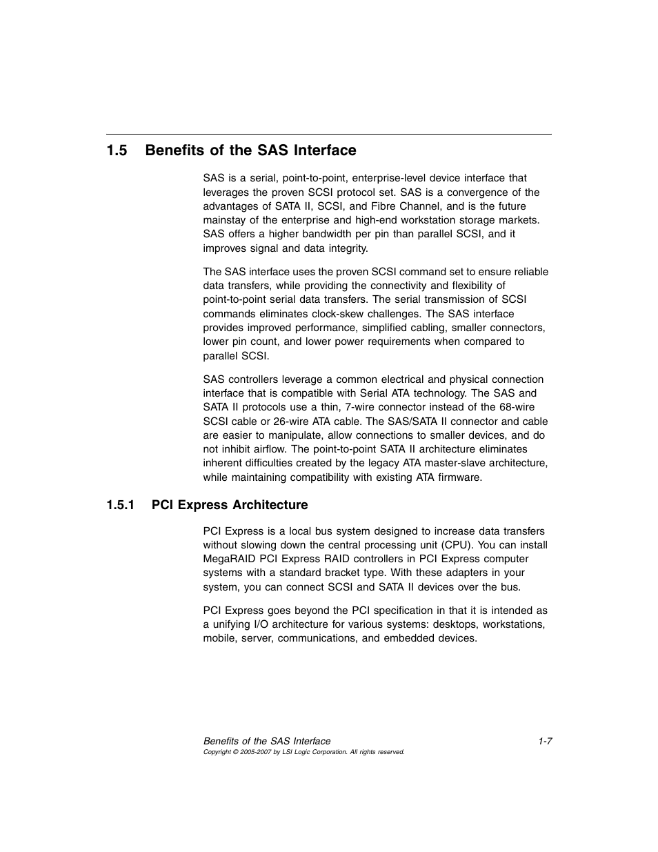 5 benefits of the sas interface, 1 pci express architecture, Benefits of the sas interface | Pci express architecture, Section 1.5, “benefits of the sas interface | Avago Technologies MegaRAID SAS 8204ELP User Manual | Page 23 / 84