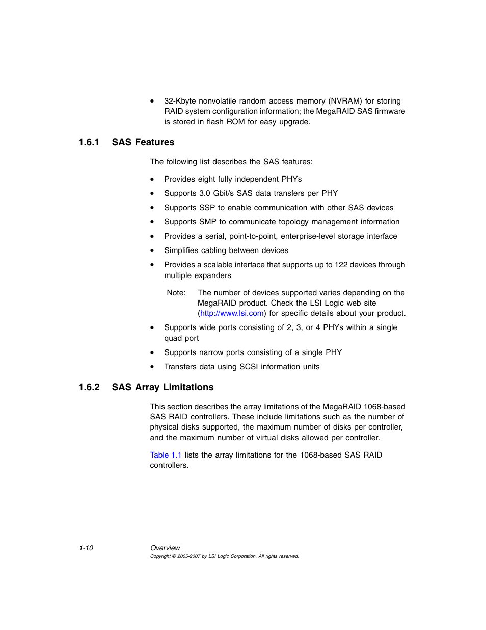 1 sas features, 2 sas array limitations, Sas features | Sas array limitations | Avago Technologies MegaRAID SAS 8204ELP User Manual | Page 26 / 84