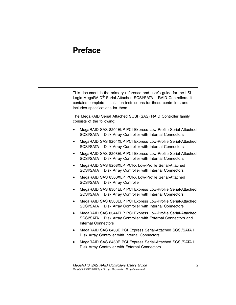 Preface | Avago Technologies MegaRAID SAS 8204ELP User Manual | Page 3 / 84