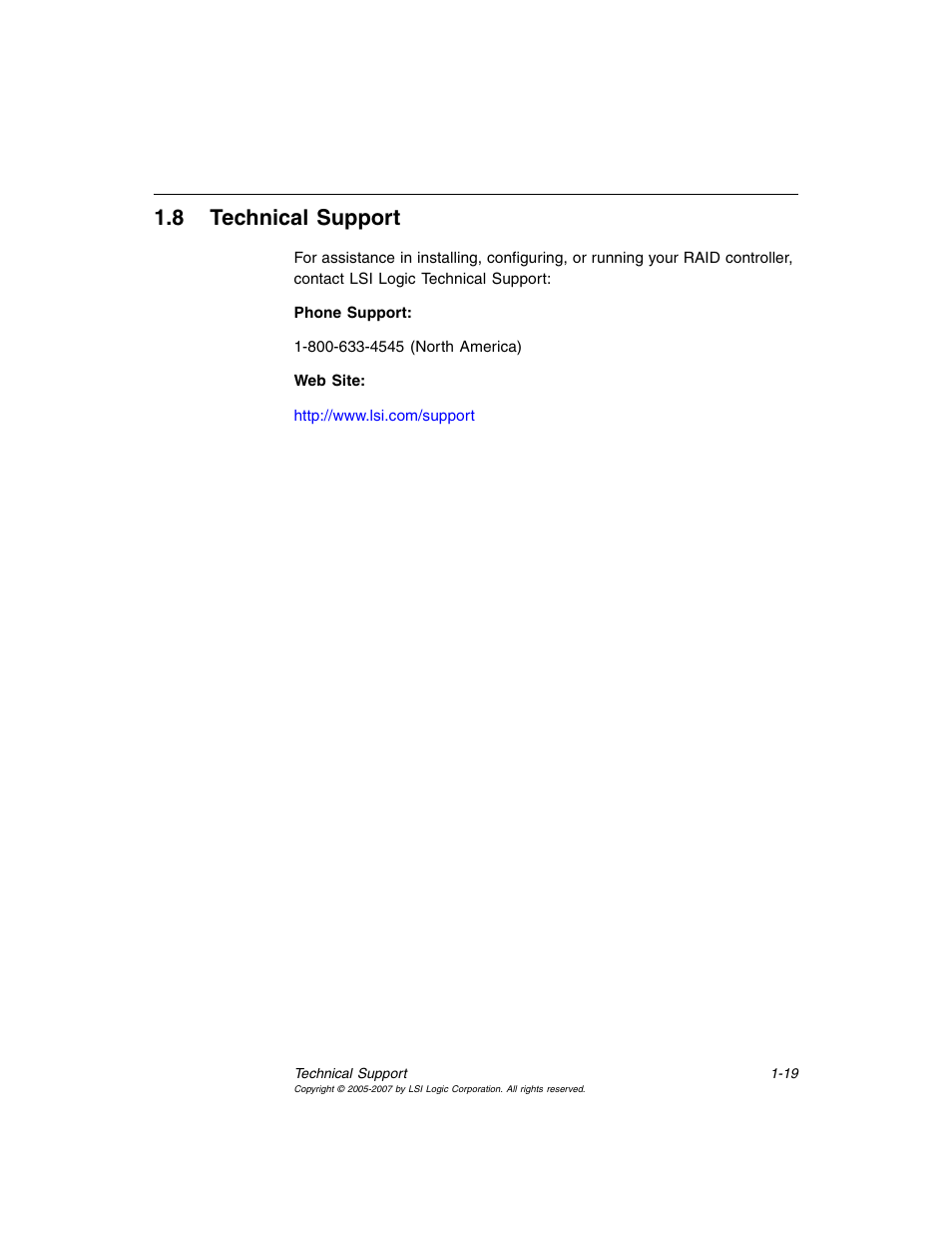 8 technical support, Technical support, Section 1.8, “technical support | Avago Technologies MegaRAID SAS 8204ELP User Manual | Page 35 / 84