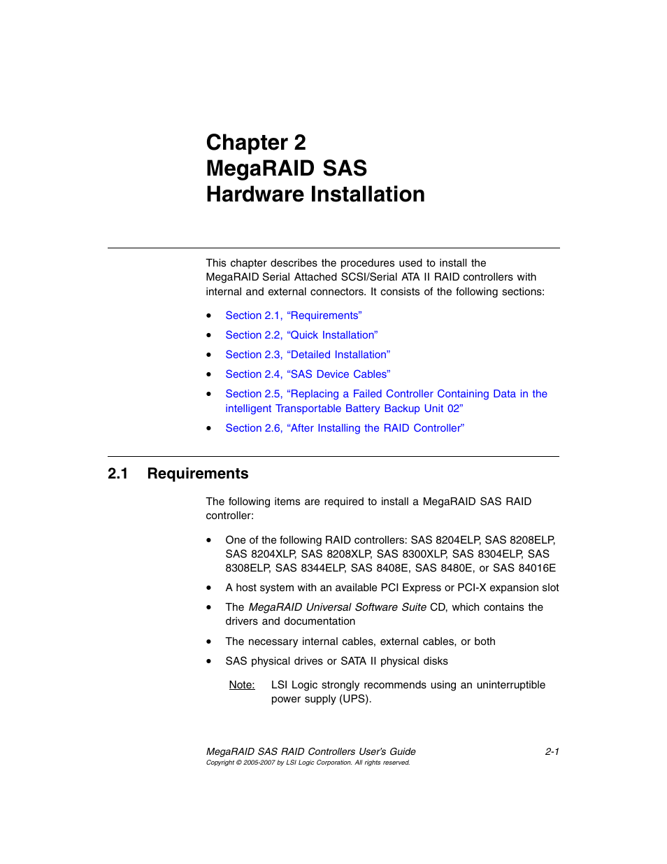 Chapter 2 megaraid sas hardware installation, 1 requirements, Chapter 2, megaraid sas hardware installation | Requirements | Avago Technologies MegaRAID SAS 8204ELP User Manual | Page 37 / 84