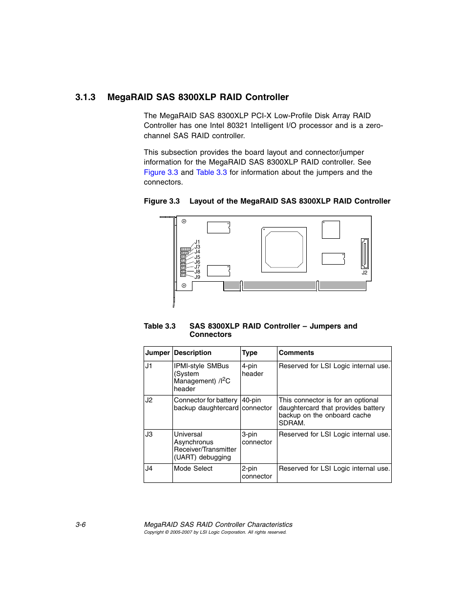 3 megaraid sas 8300xlp raid controller, Megaraid sas 8300xlp raid controller, Layout of the megaraid sas 8300xlp raid controller | Avago Technologies MegaRAID SAS 8204ELP User Manual | Page 56 / 84