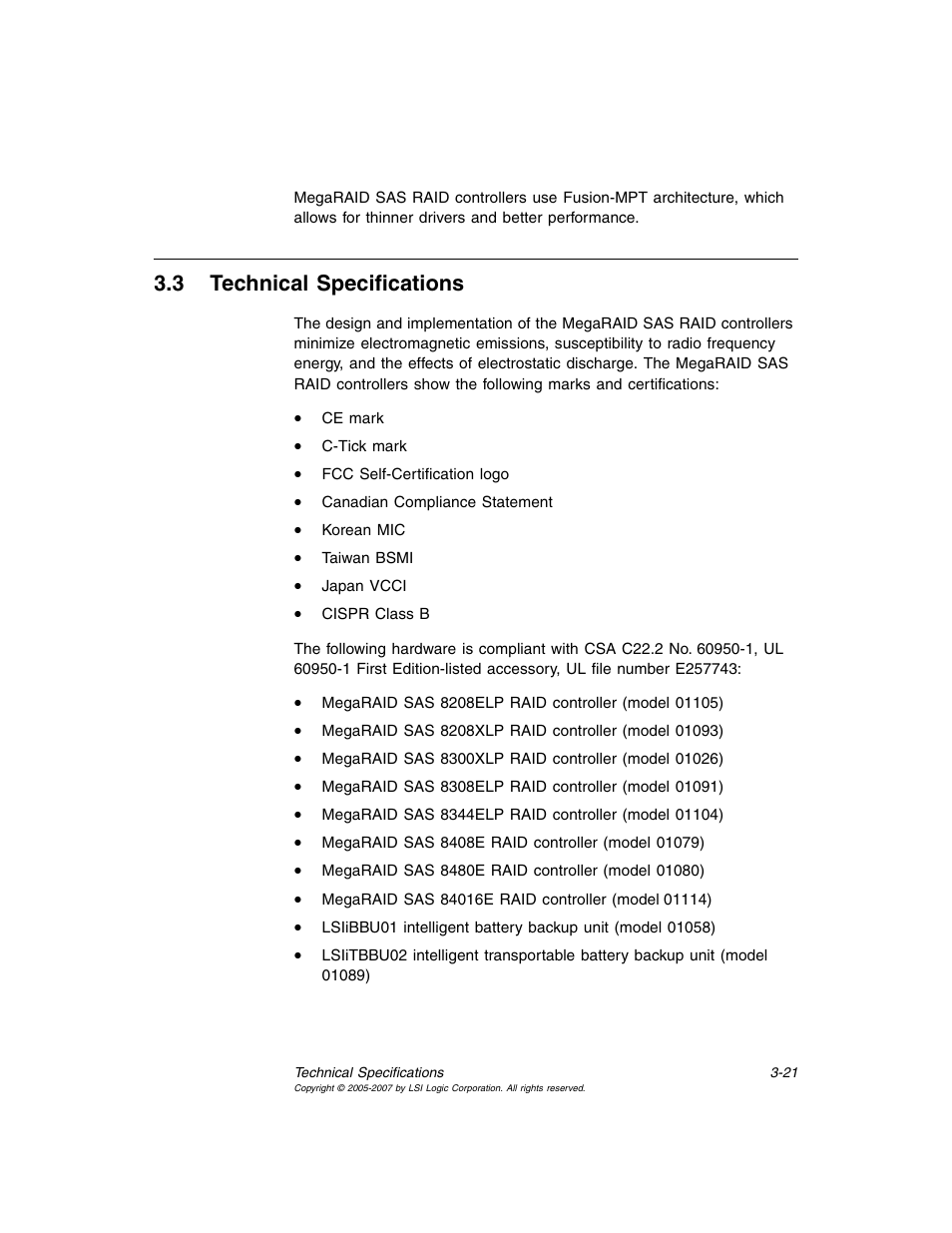 3 technical specifications, Technical specifications | Avago Technologies MegaRAID SAS 8204ELP User Manual | Page 71 / 84