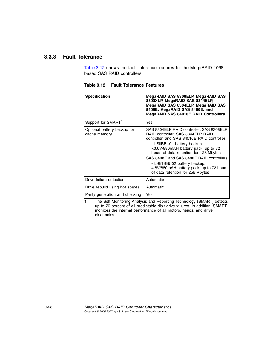 3 fault tolerance, Fault tolerance, Fault tolerance features | Avago Technologies MegaRAID SAS 8204ELP User Manual | Page 76 / 84