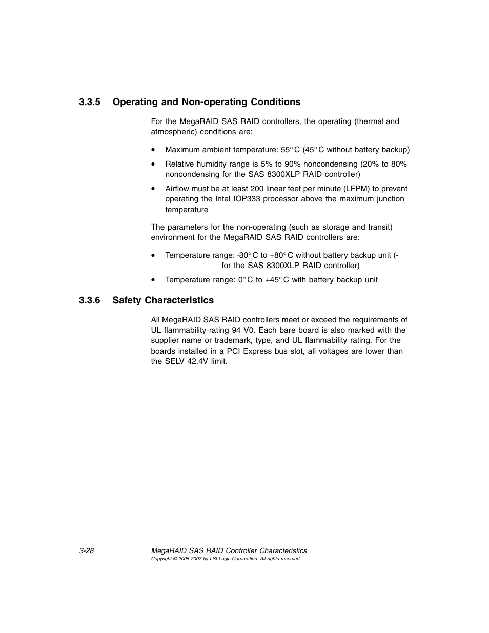 5 operating and non-operating conditions, 6 safety characteristics, Operating and non-operating conditions | Safety characteristics | Avago Technologies MegaRAID SAS 8204ELP User Manual | Page 78 / 84