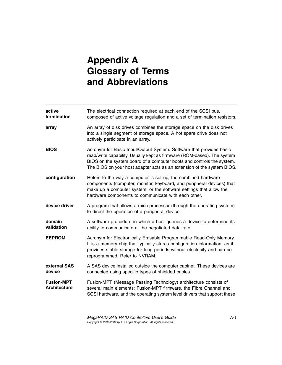 Appendix a glossary of terms and abbreviations, Appendix a, glossary of terms and abbreviations | Avago Technologies MegaRAID SAS 8204ELP User Manual | Page 79 / 84