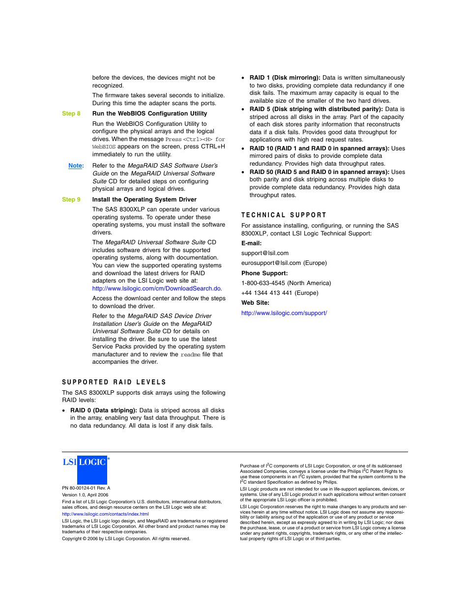 Supported raid levels, Technical support | Avago Technologies MegaRAID SAS 8300XLP User Manual | Page 3 / 3