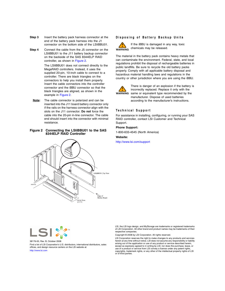 Disposing of battery backup units, Technical support, Copyrights | Avago Technologies MegaRAID SAS 8308ELP User Manual | Page 2 / 2