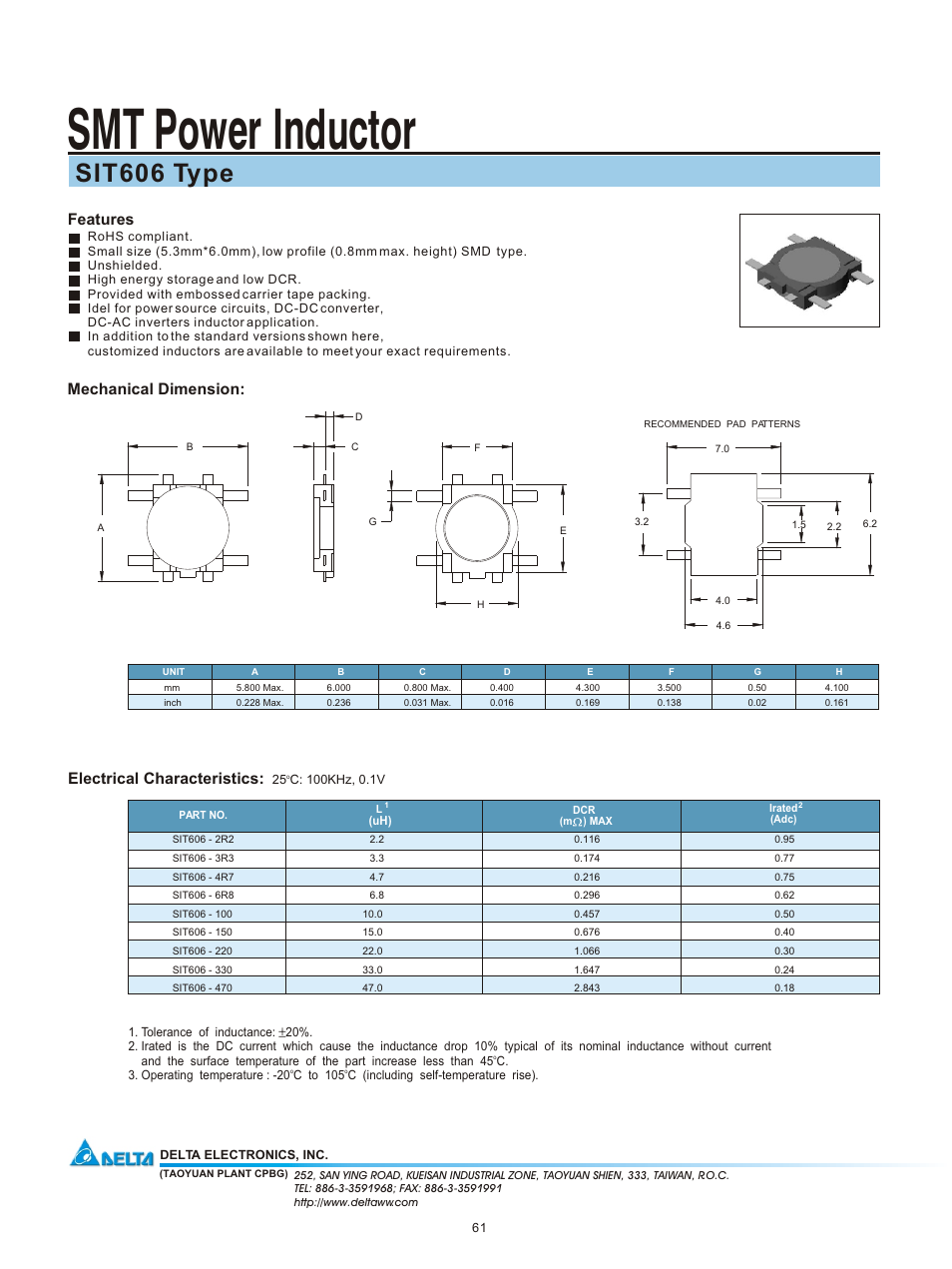 Delta Electronics SMT Power Inductor SIT606 User Manual | 1 page