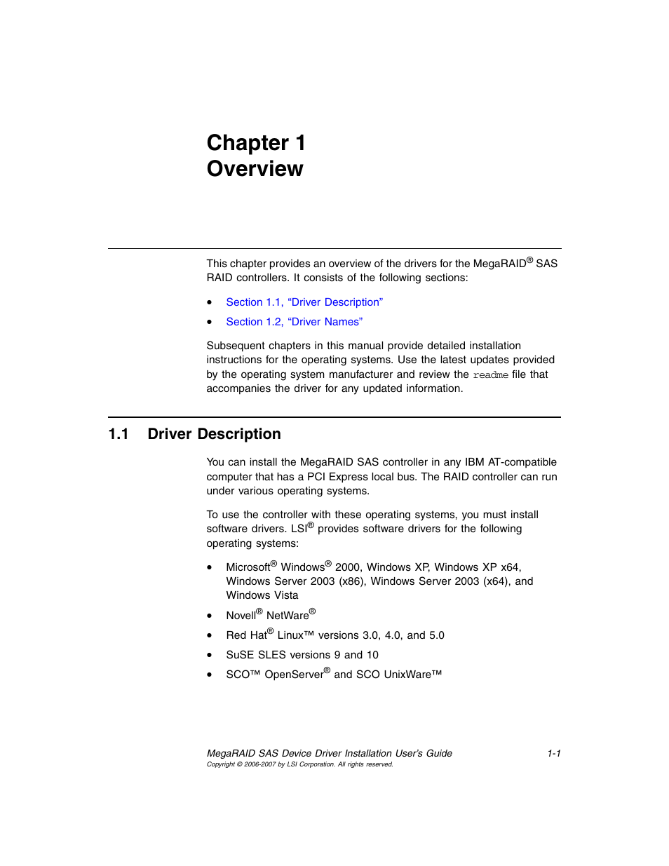 Chapter 1 overview, 1 driver description, Chapter 1, overview | Descr, Driver description | Avago Technologies MegaRAID SAS 8308ELP User Manual | Page 11 / 36