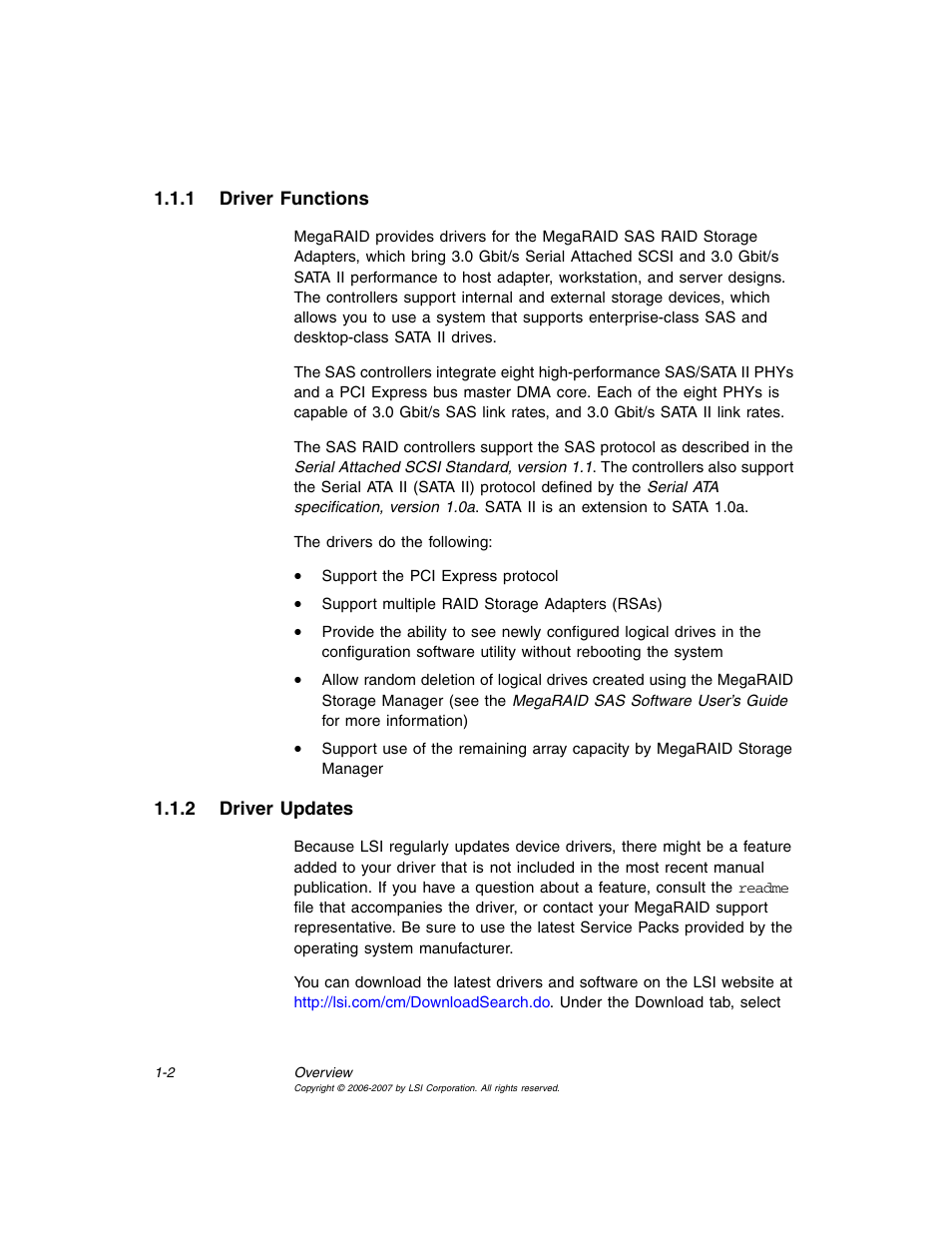 1 driver functions, 2 driver updates, Driver functions | Driver updates | Avago Technologies MegaRAID SAS 8308ELP User Manual | Page 12 / 36