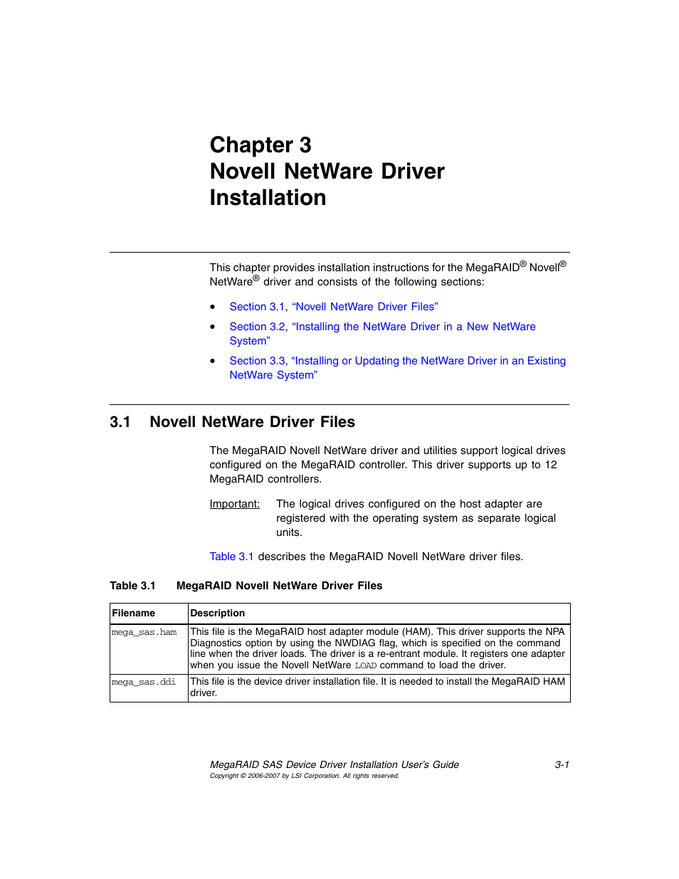 Chapter 3 novell netware driver installation, 1 novell netware driver files, Chapter 3, novell netware driver installation | Novell netware driver files, Megaraid novell netware driver files, Chapter 3 | Avago Technologies MegaRAID SAS 8308ELP User Manual | Page 19 / 36