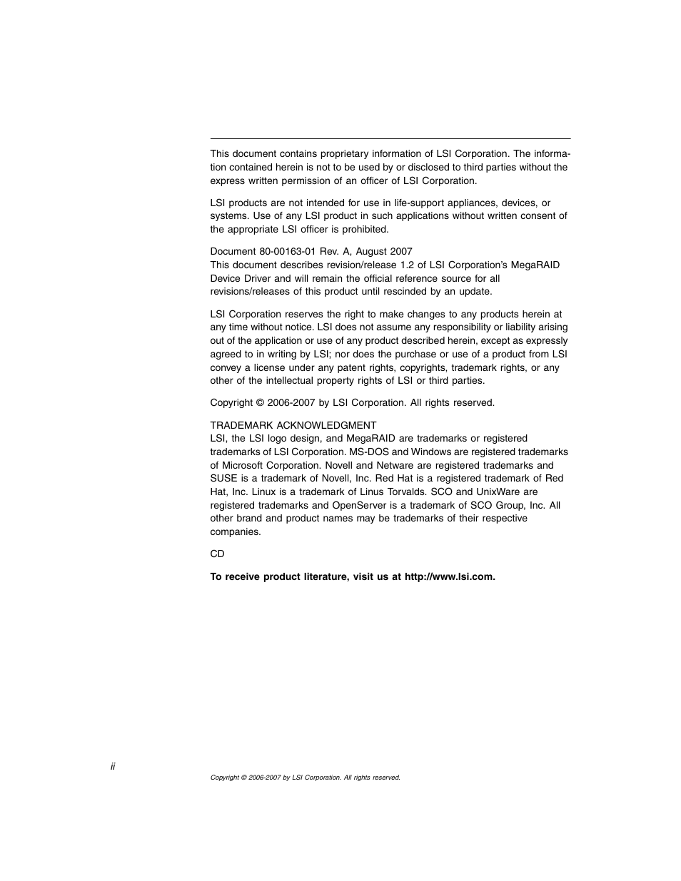 Copyrights | Avago Technologies MegaRAID SAS 8308ELP User Manual | Page 2 / 36