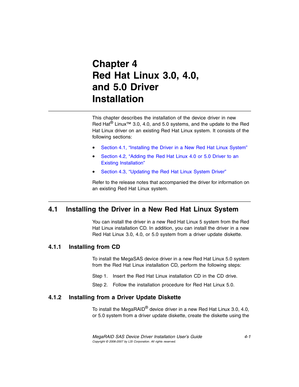 1 installing from cd, 2 installing from a driver update diskette, Installing from cd | Installing from a driver update diskette, Chapter 4 | Avago Technologies MegaRAID SAS 8308ELP User Manual | Page 23 / 36