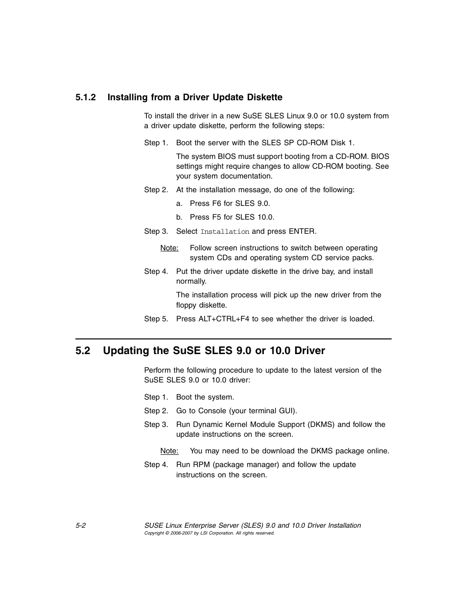 2 installing from a driver update diskette, 2 updating the suse sles 9.0 or 10.0 driver, Installing from a driver update diskette | Updating the suse sles 9.0 or 10.0 driver | Avago Technologies MegaRAID SAS 8308ELP User Manual | Page 28 / 36