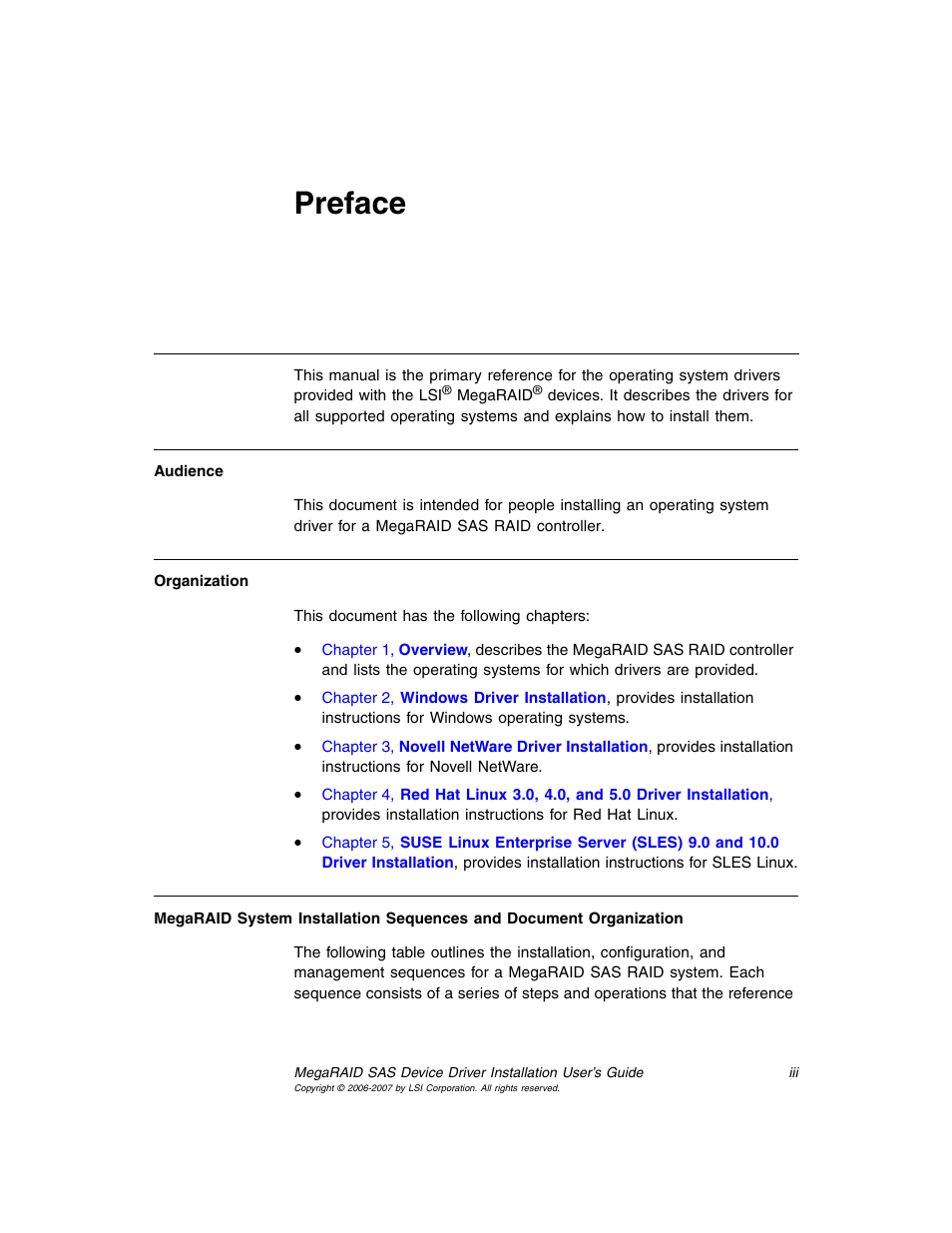 Preface | Avago Technologies MegaRAID SAS 8308ELP User Manual | Page 3 / 36