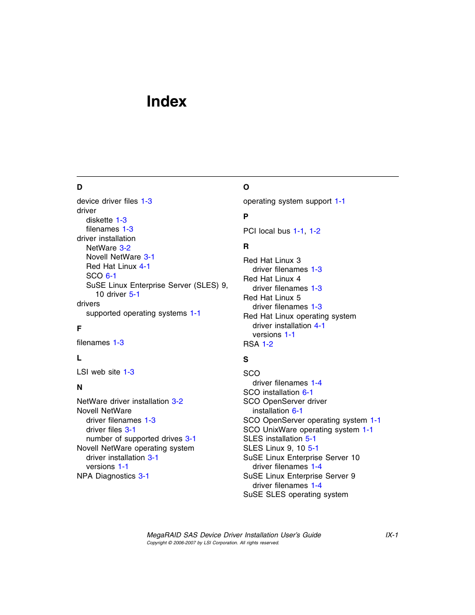 Index | Avago Technologies MegaRAID SAS 8308ELP User Manual | Page 33 / 36