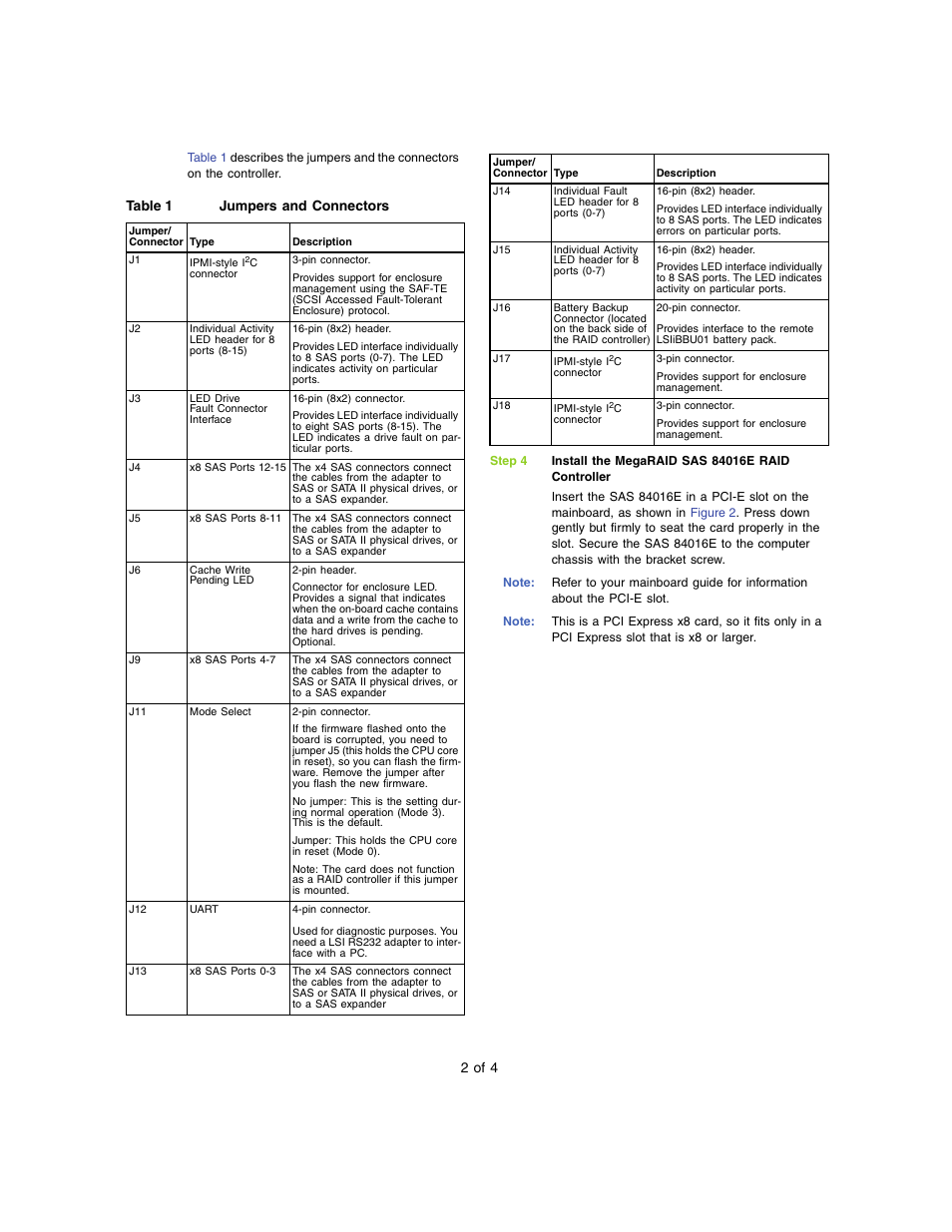 2 of 4, Table 1 jumpers and connectors | Avago Technologies MegaRAID SAS 84016E User Manual | Page 2 / 4