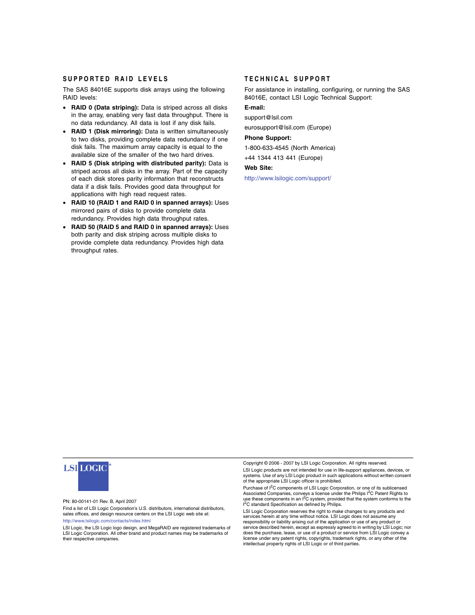 Supported raid levels, Technical support | Avago Technologies MegaRAID SAS 84016E User Manual | Page 4 / 4