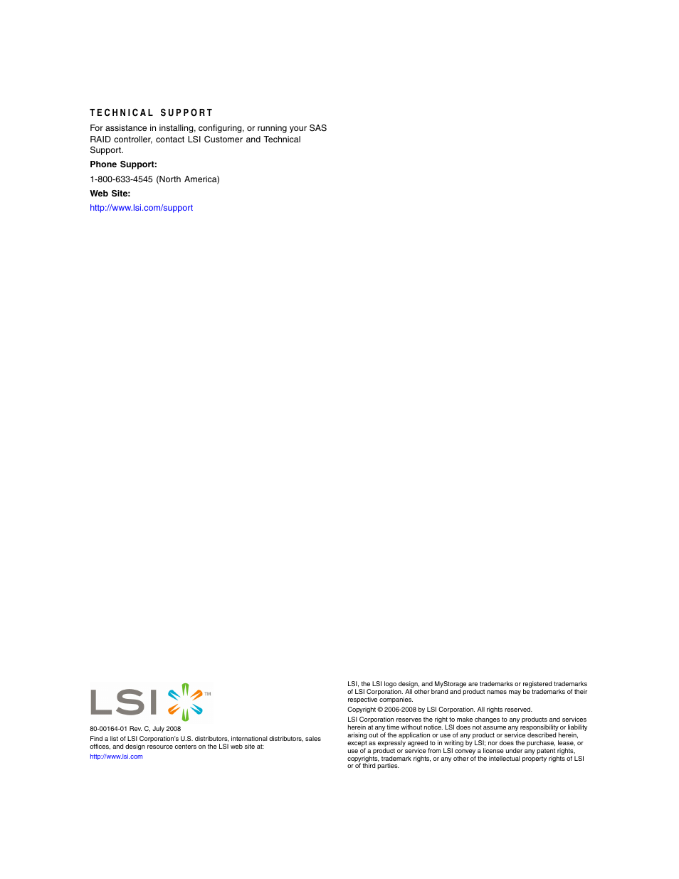 Technical support, Copyrights | Avago Technologies MegaRAID SAS 8704ELP User Manual | Page 3 / 3
