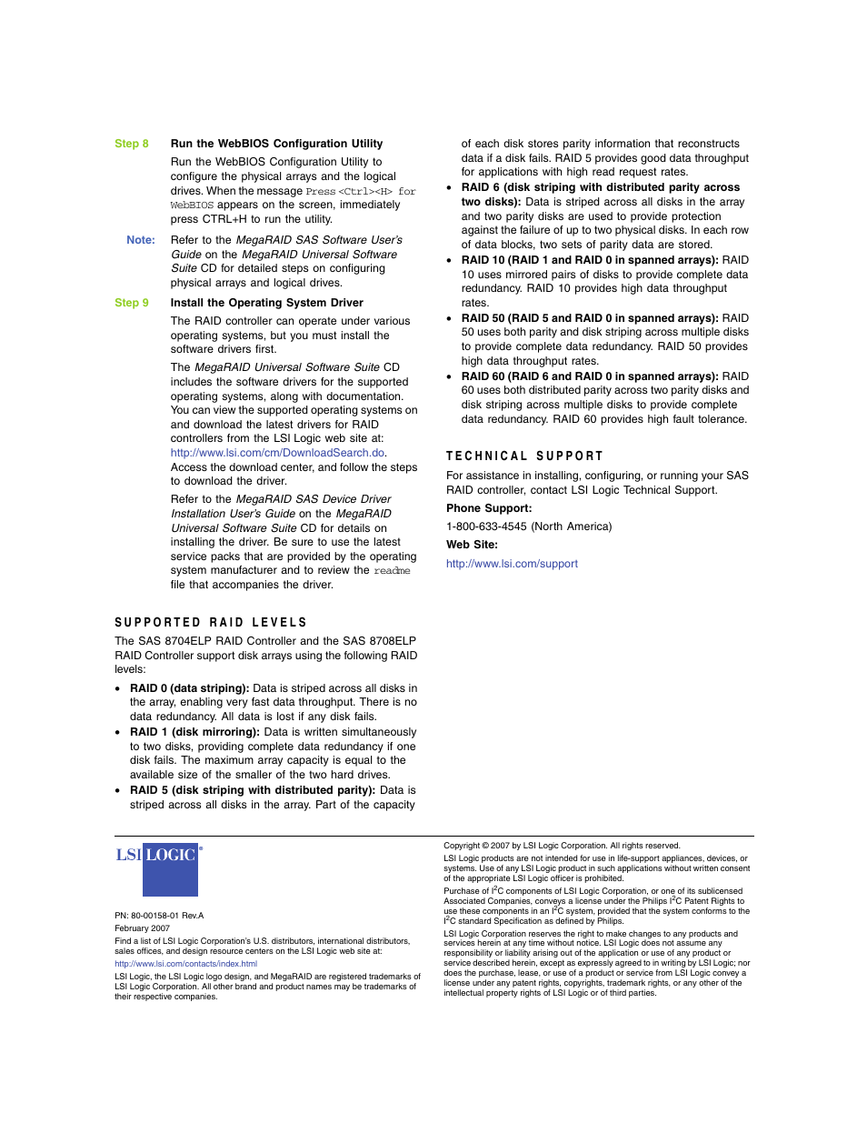Supported raid levels, Technical support | Avago Technologies MegaRAID SAS 8704ELP User Manual | Page 3 / 3