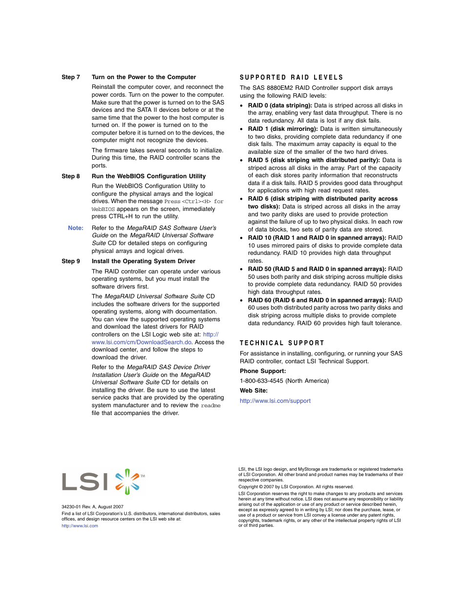 Supported raid levels, Technical support | Avago Technologies MegaRAID SAS 8880EM2 User Manual | Page 3 / 3