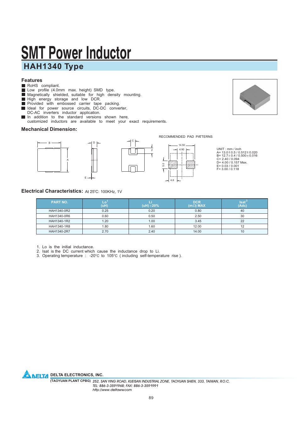 Delta Electronics SMT Power Inductor HAH1340 User Manual | 1 page