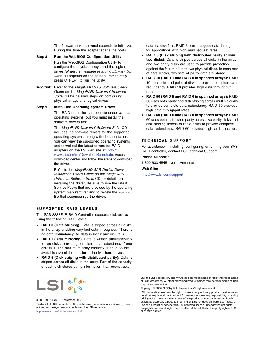 Supported raid levels, Technical support | Avago Technologies MegaRAID SAS 8888ELP User Manual | Page 3 / 3