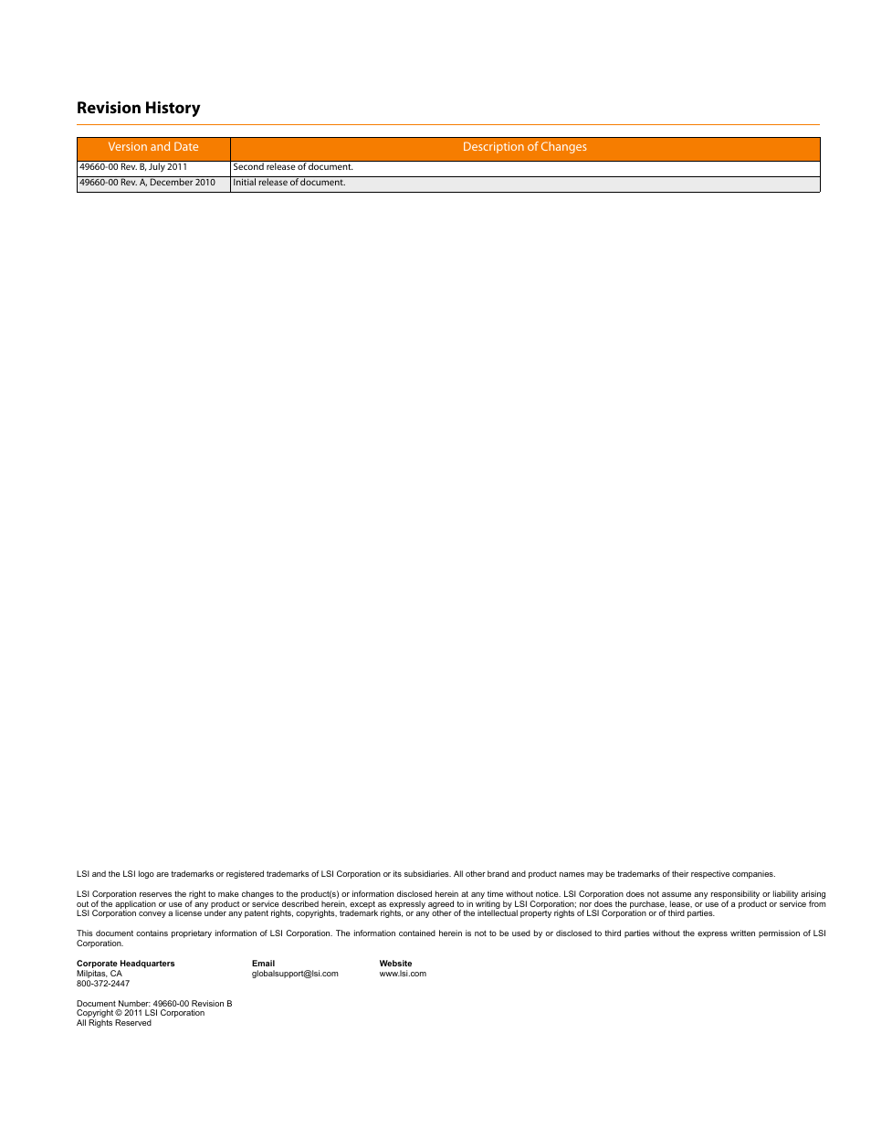 Revision history, Version and date description of changes | Avago Technologies MegaRAID SAS 0260CV-4i User Manual | Page 2 / 14