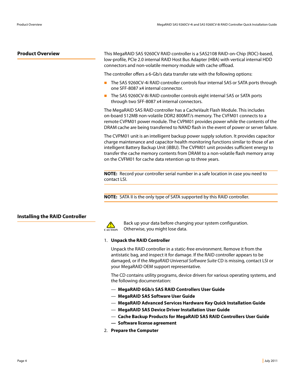 Product overview, Installing the raid controller | Avago Technologies MegaRAID SAS 0260CV-4i User Manual | Page 4 / 14