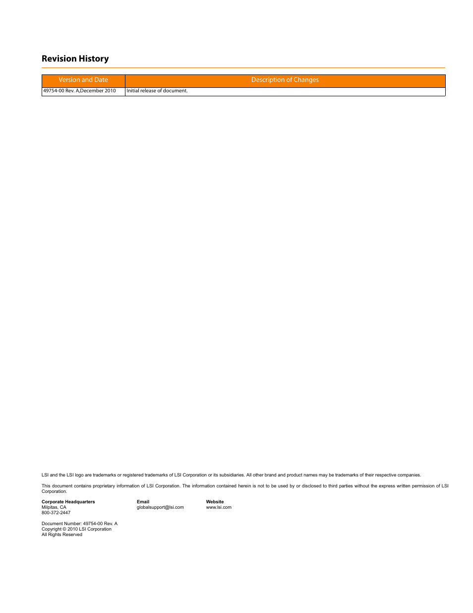 Revision history, Version and date description of changes | Avago Technologies MegaRAID SAS 9265-8i User Manual | Page 2 / 12