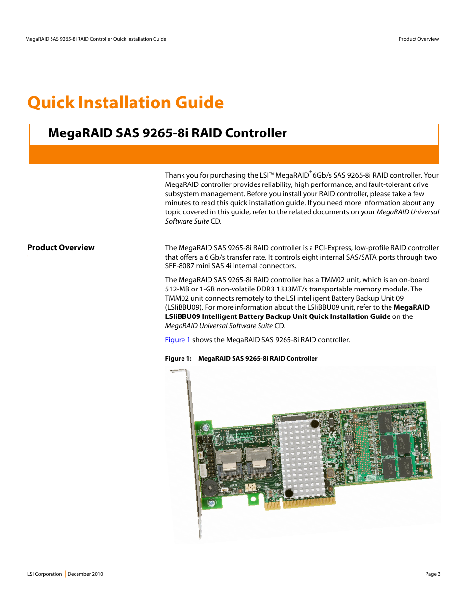 Megaraid sas 9265-8i raid controller, Product overview, Quick installation guide | Avago Technologies MegaRAID SAS 9265-8i User Manual | Page 3 / 12