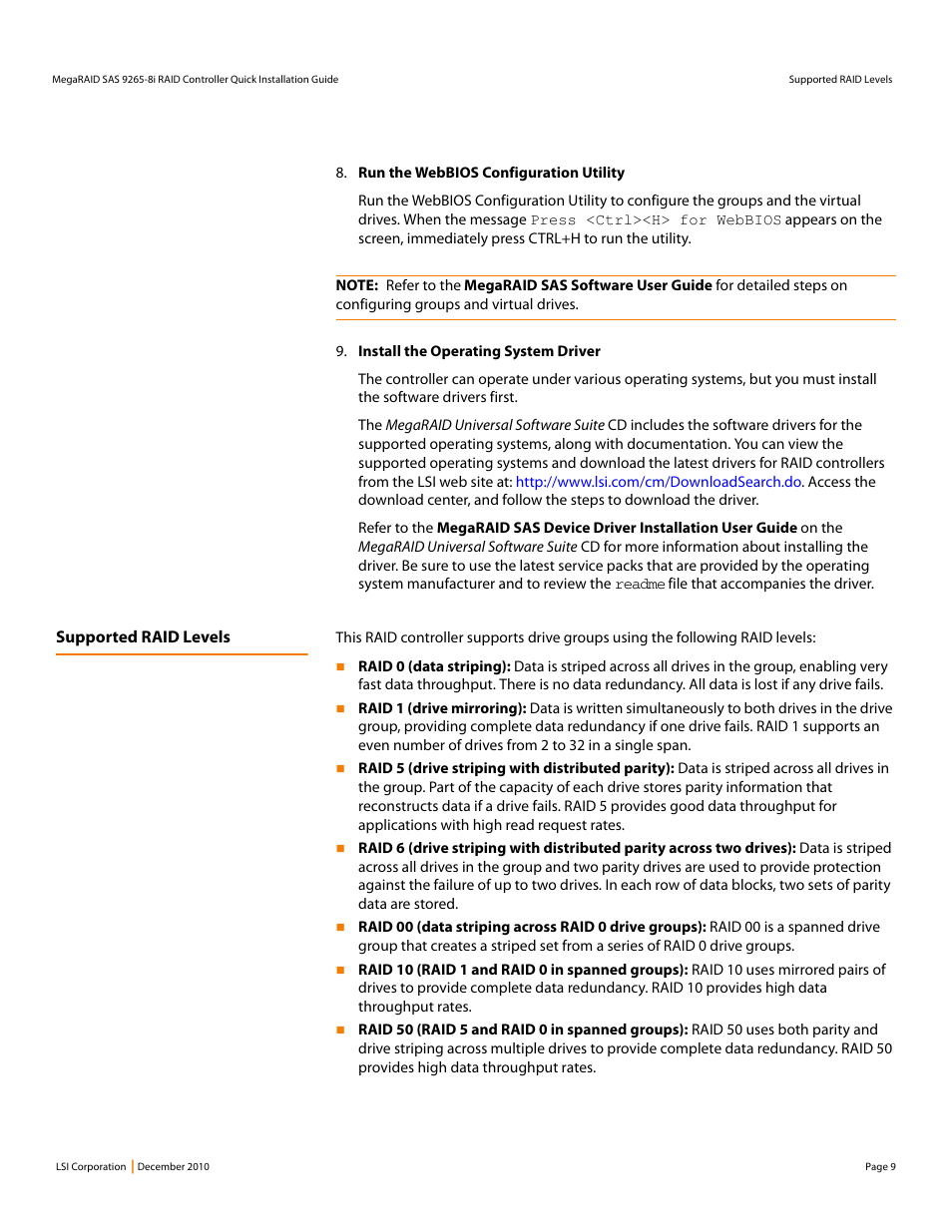 Supported raid levels | Avago Technologies MegaRAID SAS 9265-8i User Manual | Page 9 / 12