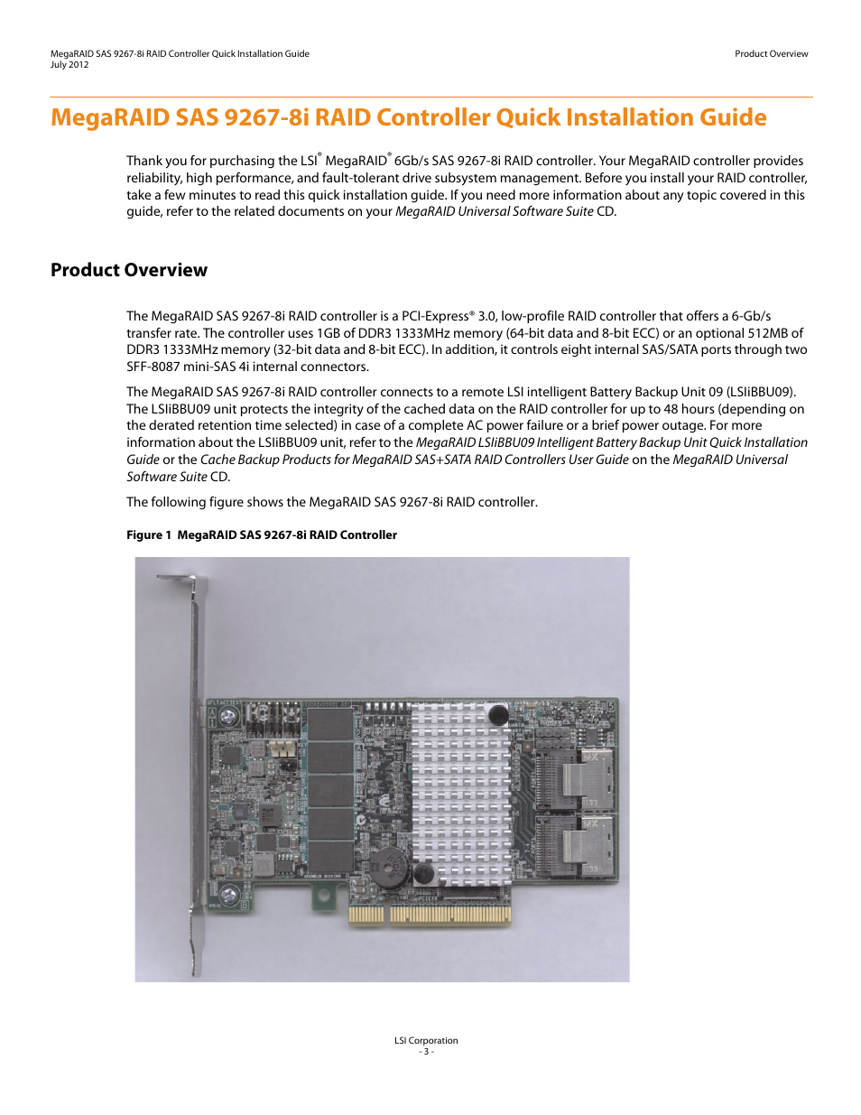 Product overview | Avago Technologies MegaRAID SAS 9267-8i User Manual | Page 3 / 10