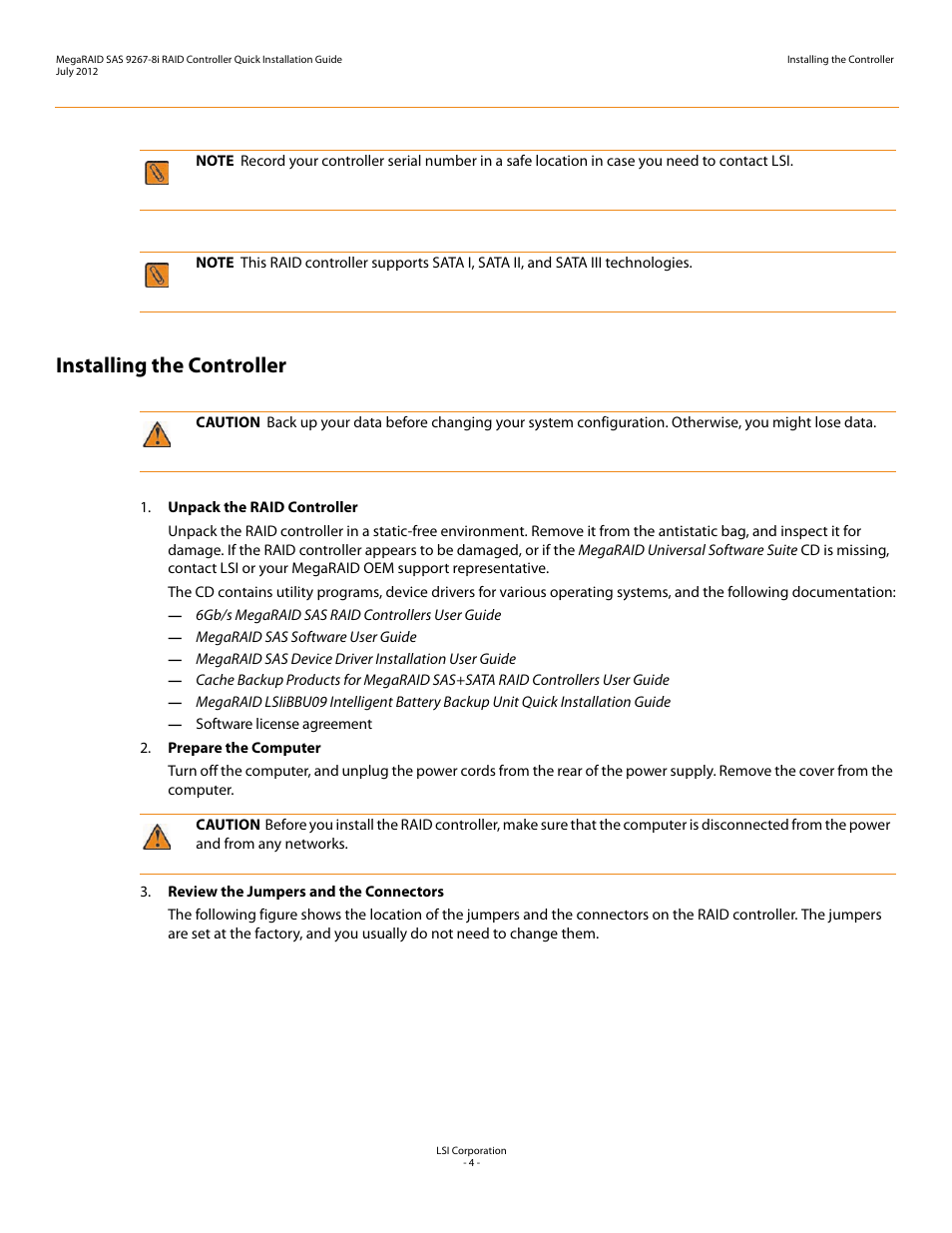 Installing the controller | Avago Technologies MegaRAID SAS 9267-8i User Manual | Page 4 / 10