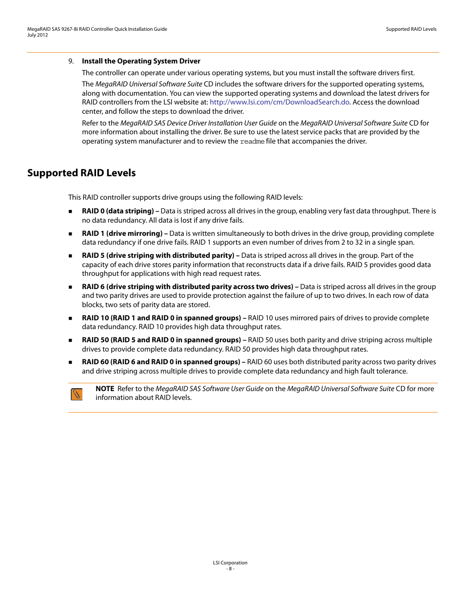 Supported raid levels | Avago Technologies MegaRAID SAS 9267-8i User Manual | Page 8 / 10