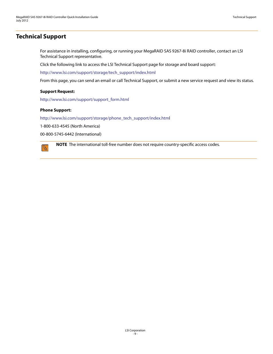 Technical support | Avago Technologies MegaRAID SAS 9267-8i User Manual | Page 9 / 10