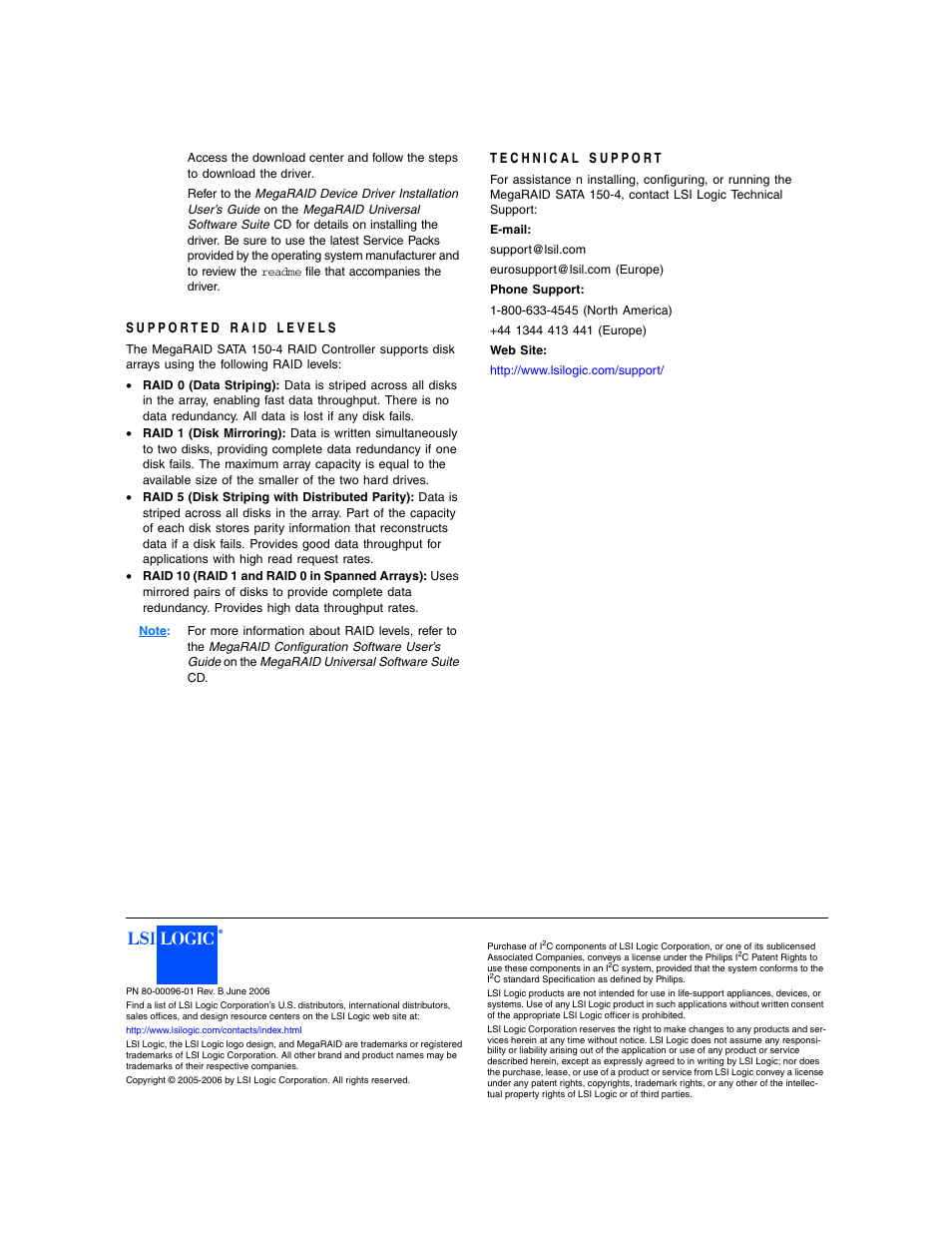 Supported raid levels, Technical support | Avago Technologies MegaRAID SATA 150-4 (523) User Manual | Page 3 / 3