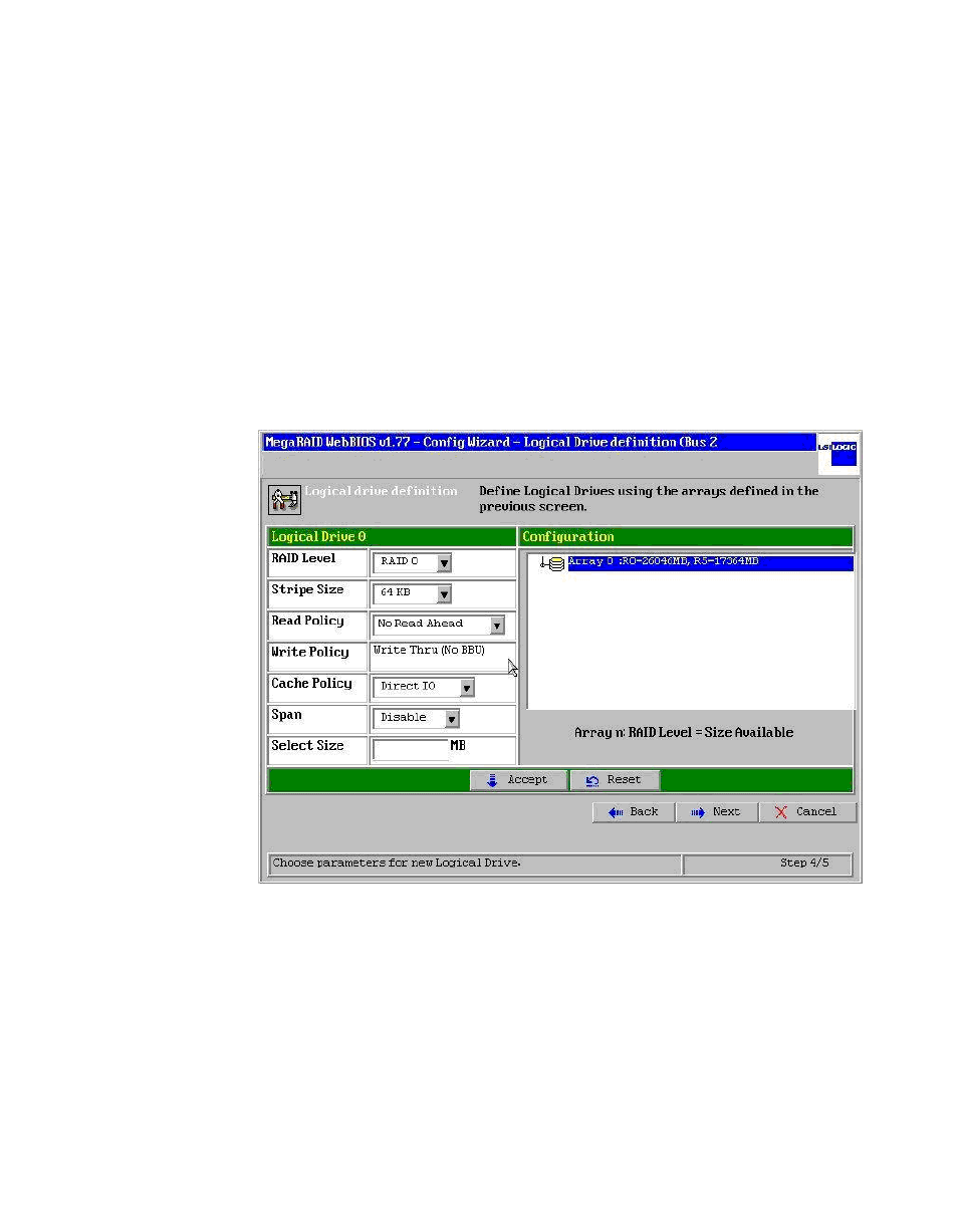 Figure4.8 webbios logical drive definition screen, Webbios logical drive definition screen | Avago Technologies MegaRAID SATA 150-4 (523) User Manual | Page 100 / 154