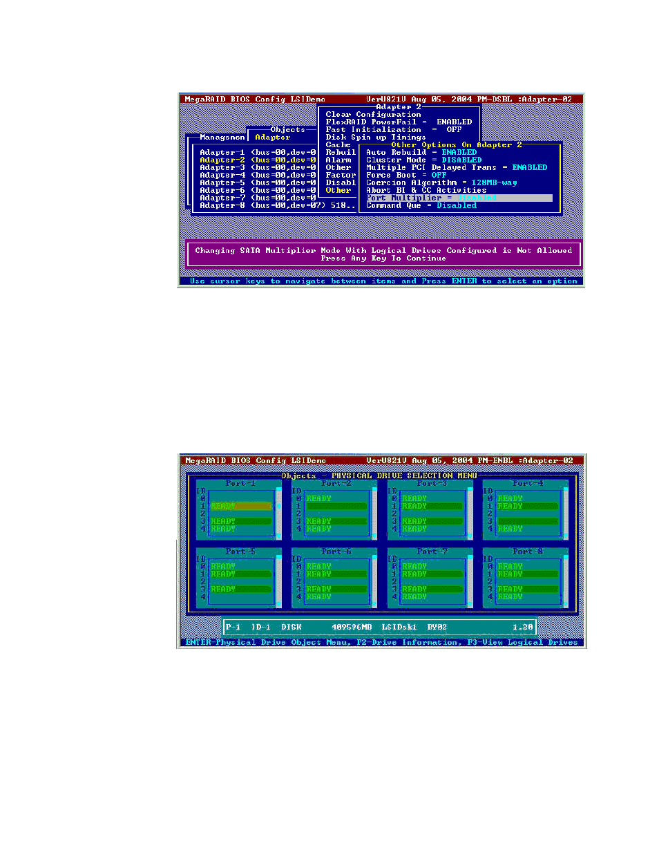 Figure3.2 port multiplier option, Figure3.3 port and drive information, Port multiplier option | Port and drive information | Avago Technologies MegaRAID SATA 150-4 (523) User Manual | Page 57 / 154