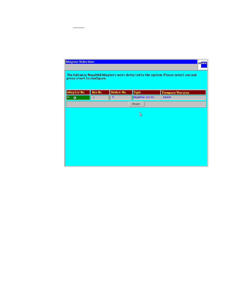 Figure4.1 webbios adapter selection screen, Webbios adapter selection screen | Avago Technologies MegaRAID SATA 150-4 (523) User Manual | Page 87 / 154