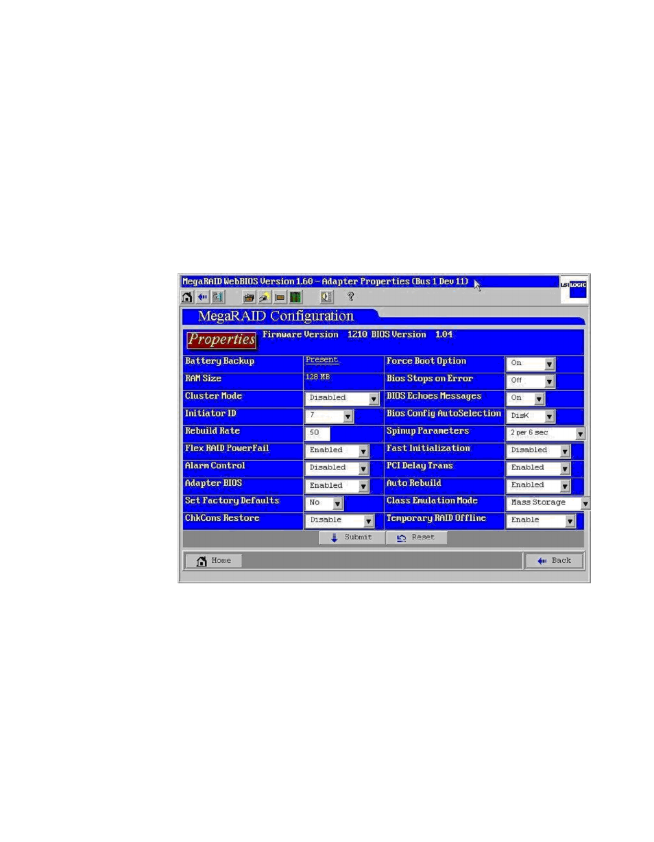 3 adapter properties screen, Figure4.3 webbios adapter properties screen, Adapter properties screen | Webbios adapter properties screen | Avago Technologies MegaRAID SATA 150-4 (523) User Manual | Page 90 / 154