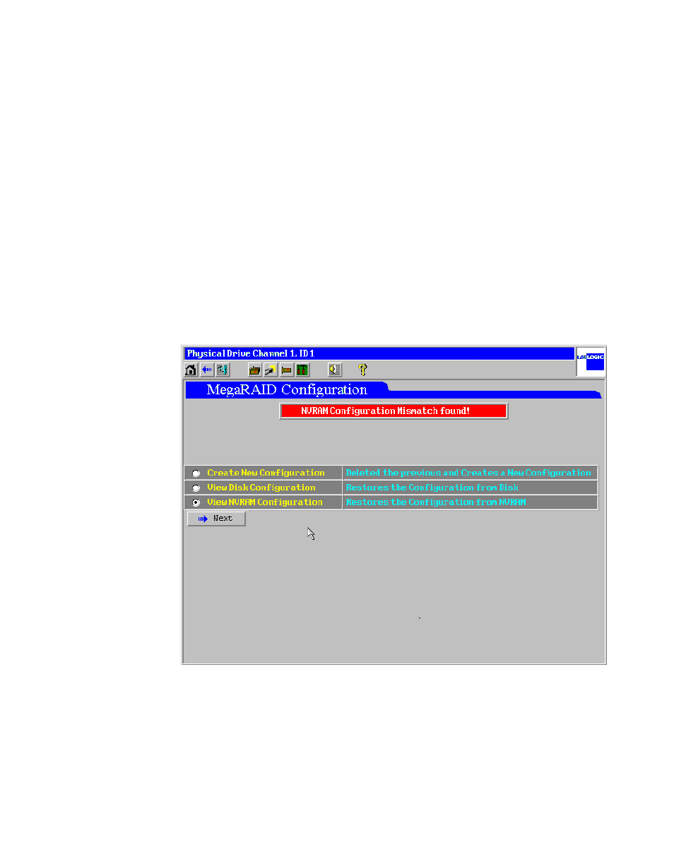 8 configuration mismatch screen, Figure4.6 webbios configuration mismatch screen, Configuration mismatch screen | Webbios configuration mismatch screen | Avago Technologies MegaRAID SATA 150-4 (523) User Manual | Page 97 / 154