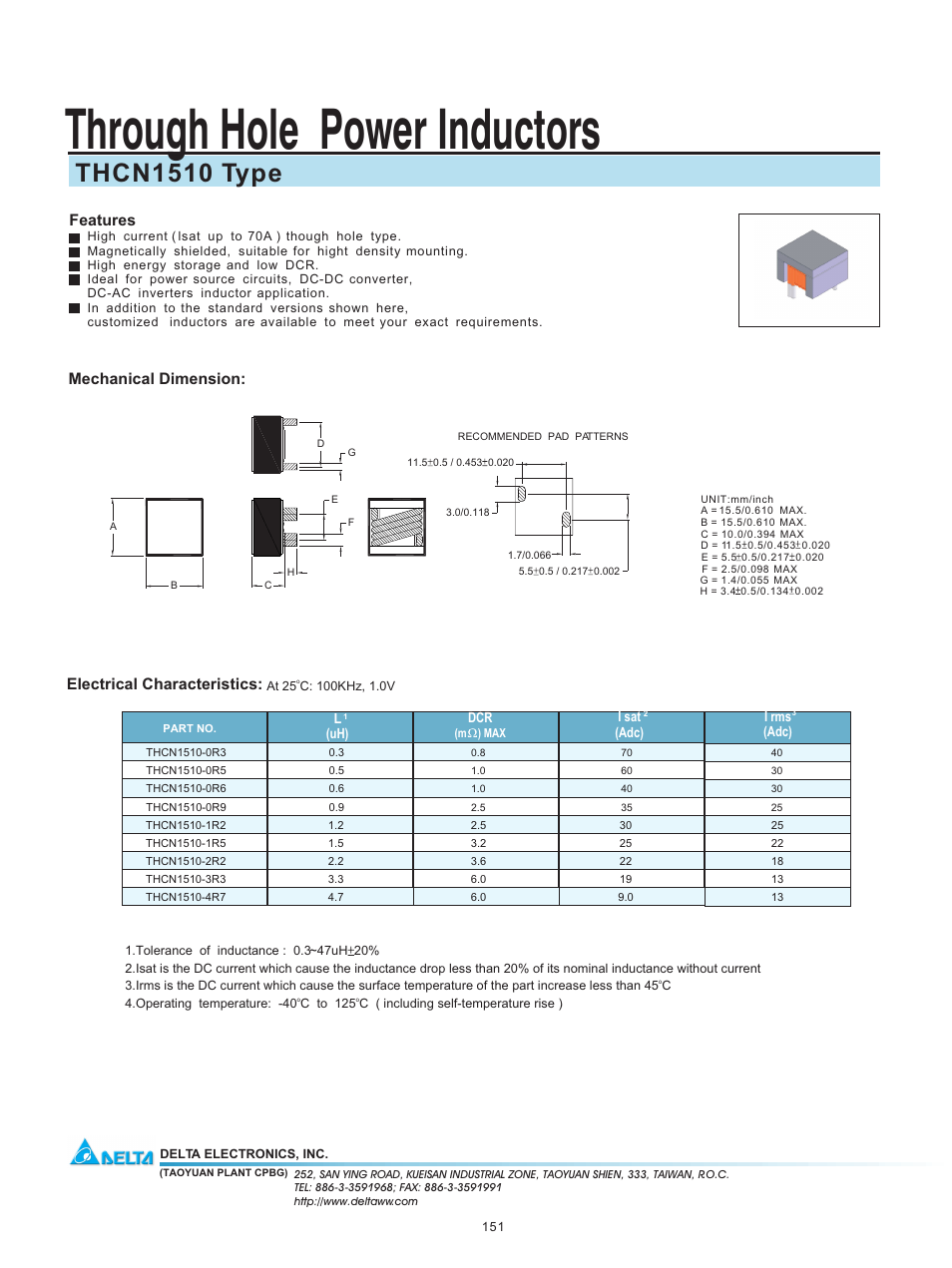 Delta Electronics Through Hole Power Inductors THCN1510 User Manual | 1 page