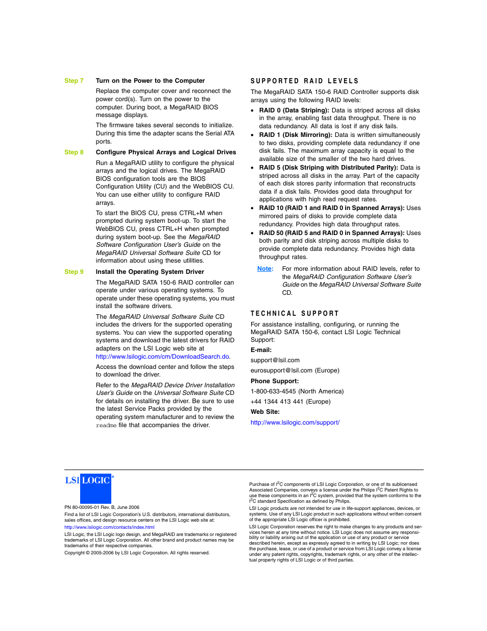 Supported raid levels, Technical support | Avago Technologies MegaRAID SATA 150-6 User Manual | Page 3 / 3